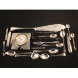 A collection of various silver cutlery, two silver pencil holders,