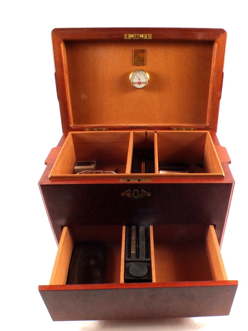 A burr walnut cigar humidor by Hyatt plus accessories - Image 2 of 2