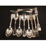 Five German silver spoons and five German silver forks,