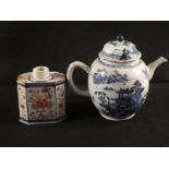 An 18th Century Chinese blue and iron red tea caddy plus a chinoiserie teapot and cover (rim chips)