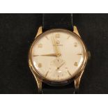 A gents 9ct gold cased 1950's manual Omega wristwatch, case inscribed on the back 'F.R.