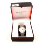 A boxed unisex Mondaine SBB CFF FFS stainless steel railway watch,