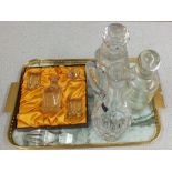 Boxed Burns crystal QEII liner decanter and glasses plus two decanters and a claret jug