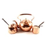 Two 19th Century seamed copper saucepans with lids plus a large bulbous copper kettle with swing