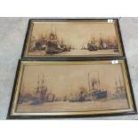 A pair of coloured prints of ships titled 'Lower Port' and 'Above Greenwich',