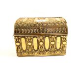 An Art Nouveau embossed brass three division stationery box on four bun feet