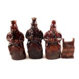 Three 19th Century treacle glazed reform flasks (one as found) plus a cottage money box