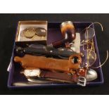 A tray of miscellaneous items including silver and mother of pearl fruit knife,