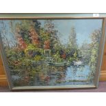 Impressionist oil on canvas of a river scene,