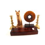 A crib board and cards, pottery cat,