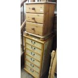 A pine bedside chest of three drawers and a narrow stained and cream painted chest of six drawers