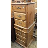 Two pine bedside chests of three drawers and a small square two tier table