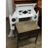 A white painted shelved overmantel mirror and a stained pine lidded workbox with two small drawers