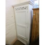 A white painted single door wardrobe with single drawer below