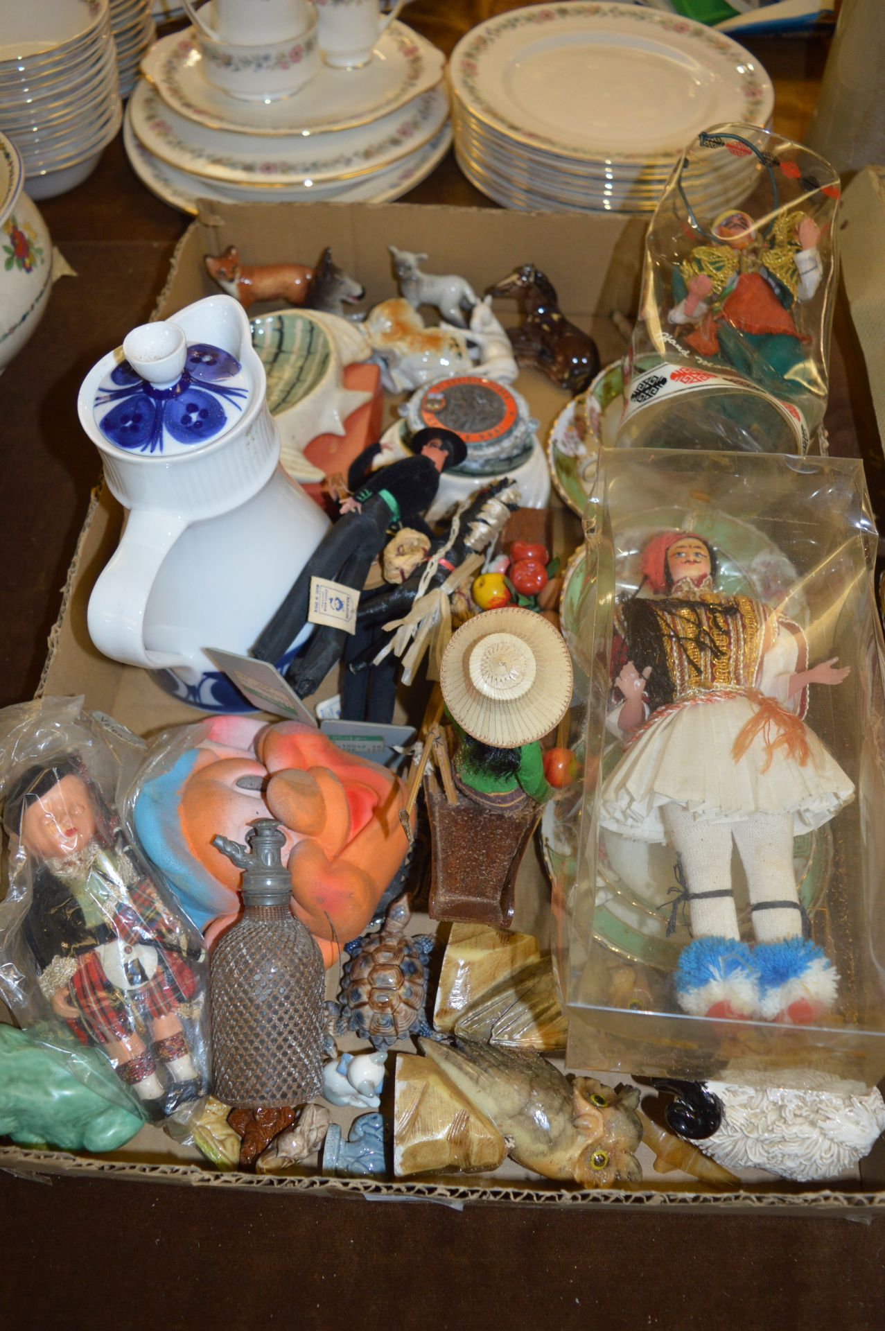Box of Various Pottery, International Dolls, Small Figurines, Worcester Coffee Pot, Wade, etc.