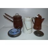 Brown Enamel Pan, Jug, White Jug and a Candlestick