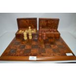 Walnut and Mahogany Chess Board with Two Walnut Boxes Containing Chess Pieces