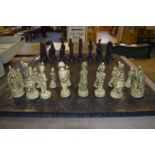 Carved Wood Chess Board and Napoleonic Chess Set