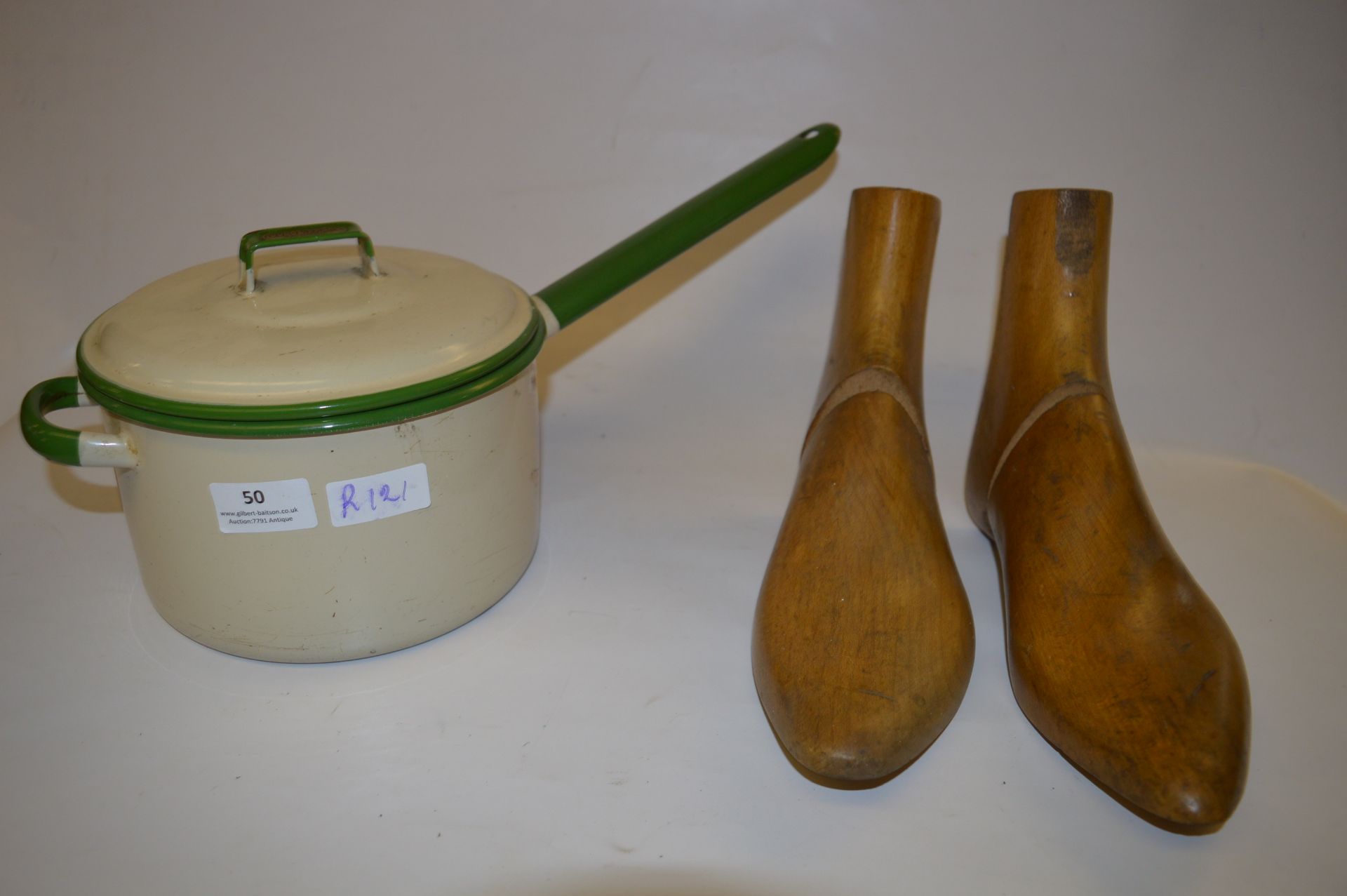 Judge Ware Green and Cream Enamel Pan and a Pair of Shoe Stretchers