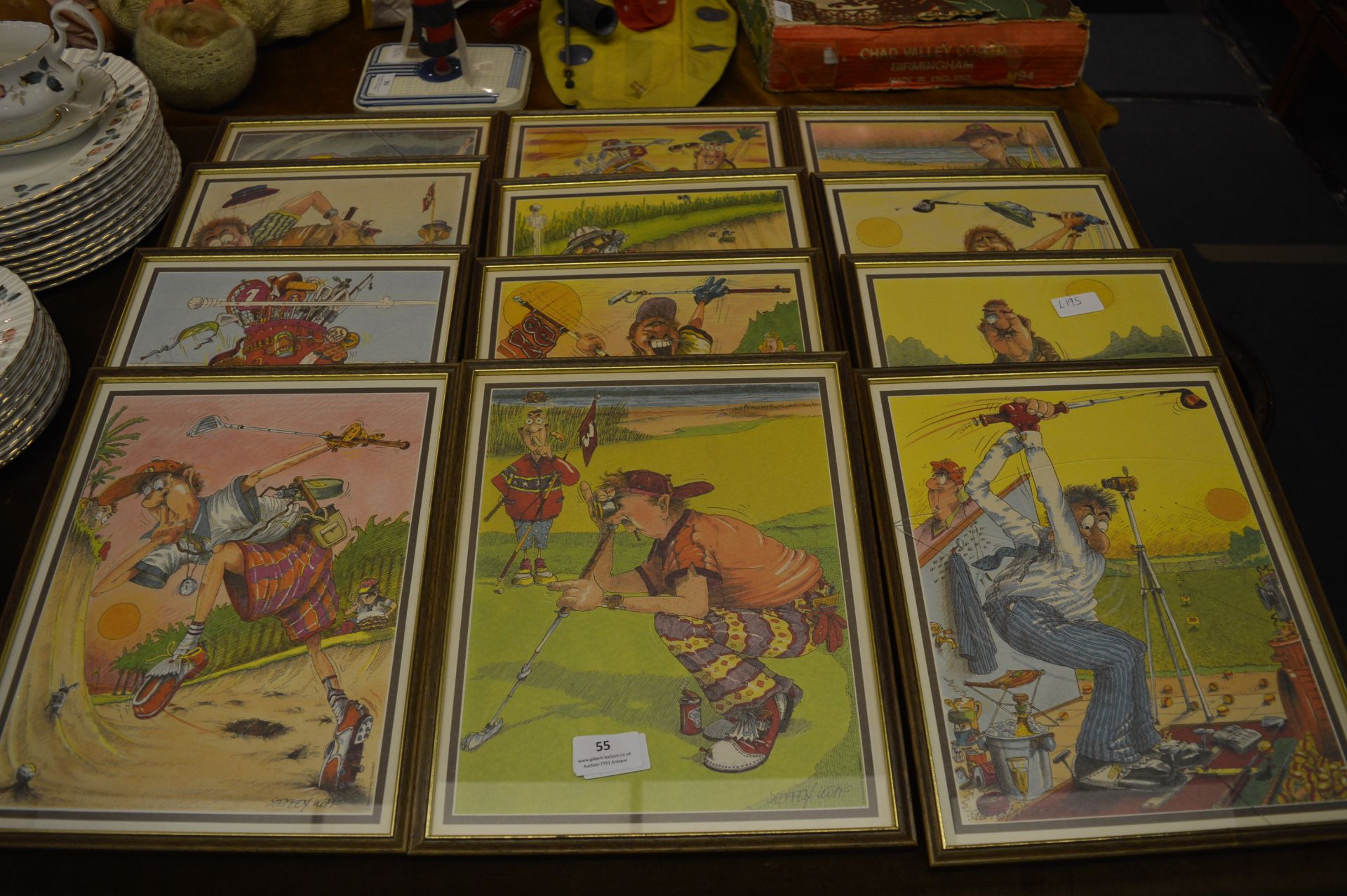 Set of Twelve Framed Comical Golf Prints