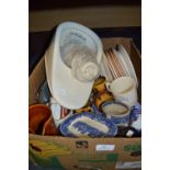 Box of Decorative Plates, Blue and White, Slipper Bed Pan, etc.