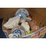 Box of Pottery Including Meat Plates, Scent Bottle, Cheese Dish, etc.