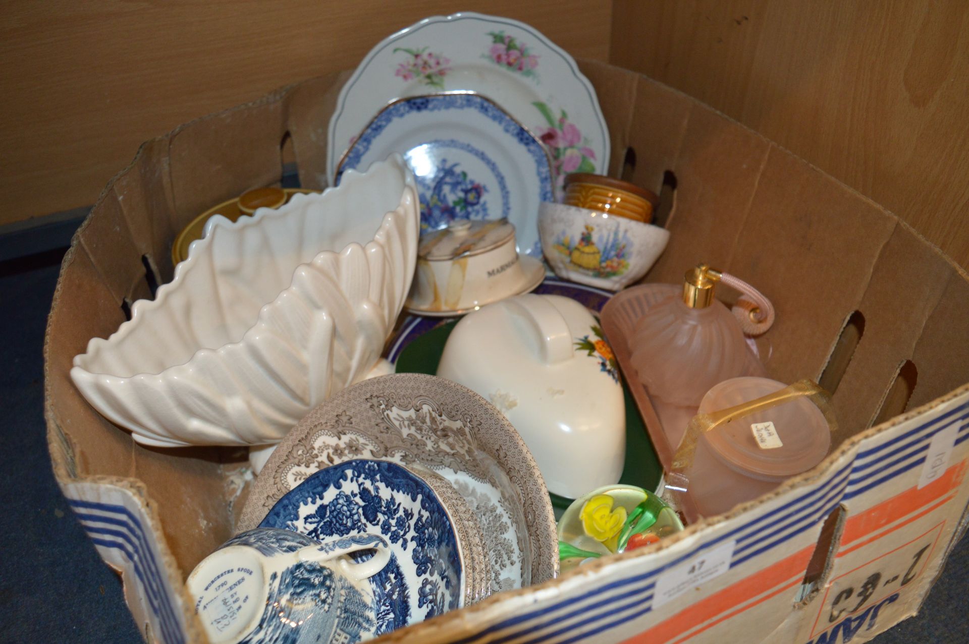 Box of Pottery Including Meat Plates, Scent Bottle, Cheese Dish, etc.