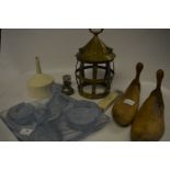 Blue Glass Dressing Table Set, Brass Hall Lantern and Shoe Stretchers