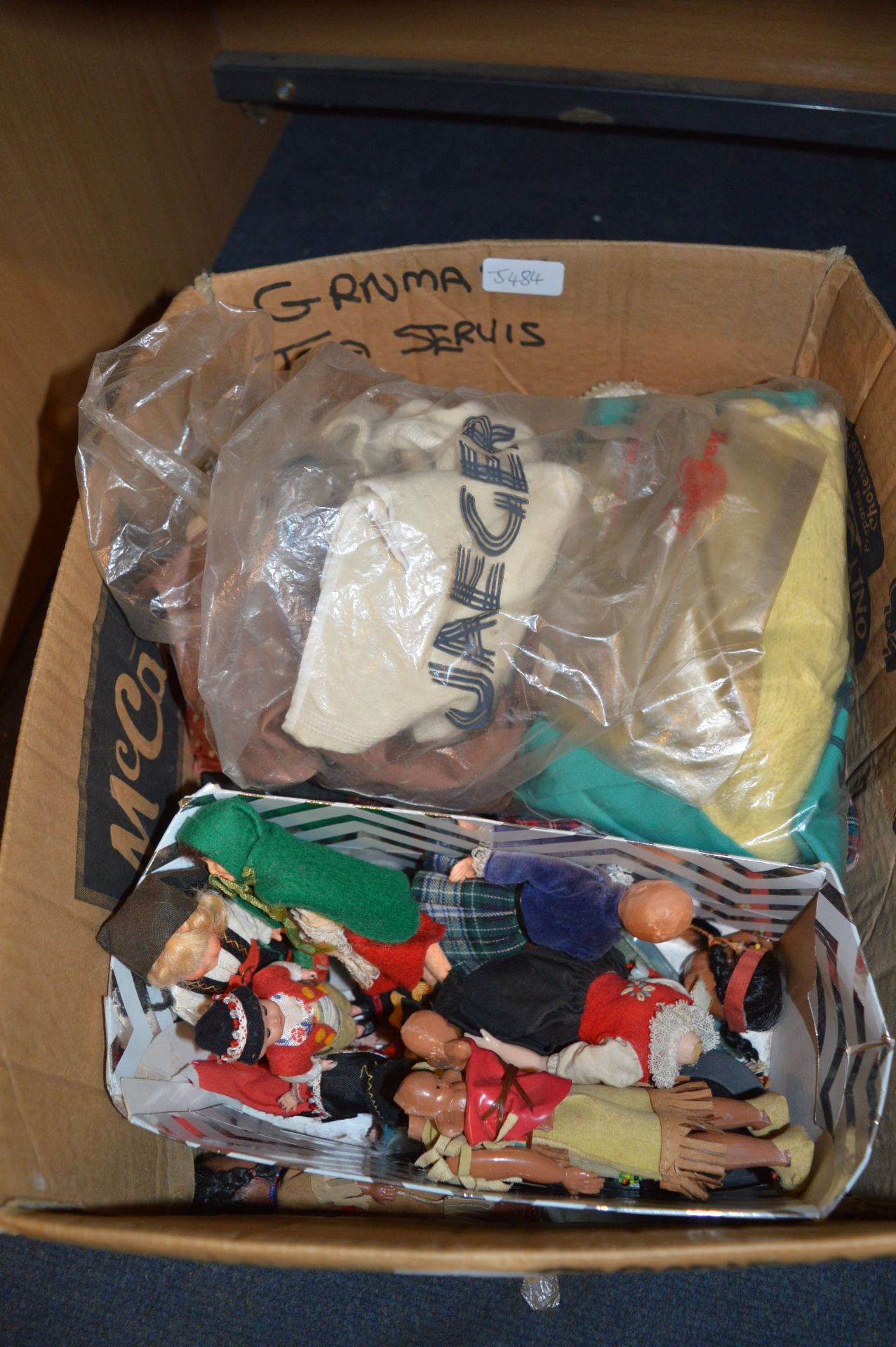 Box of Small Plastic Dolls, International Dolls and Doll Clothing