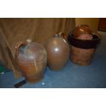 Two Large Victorian Stoneware Flagons and Brown Glaze Pots