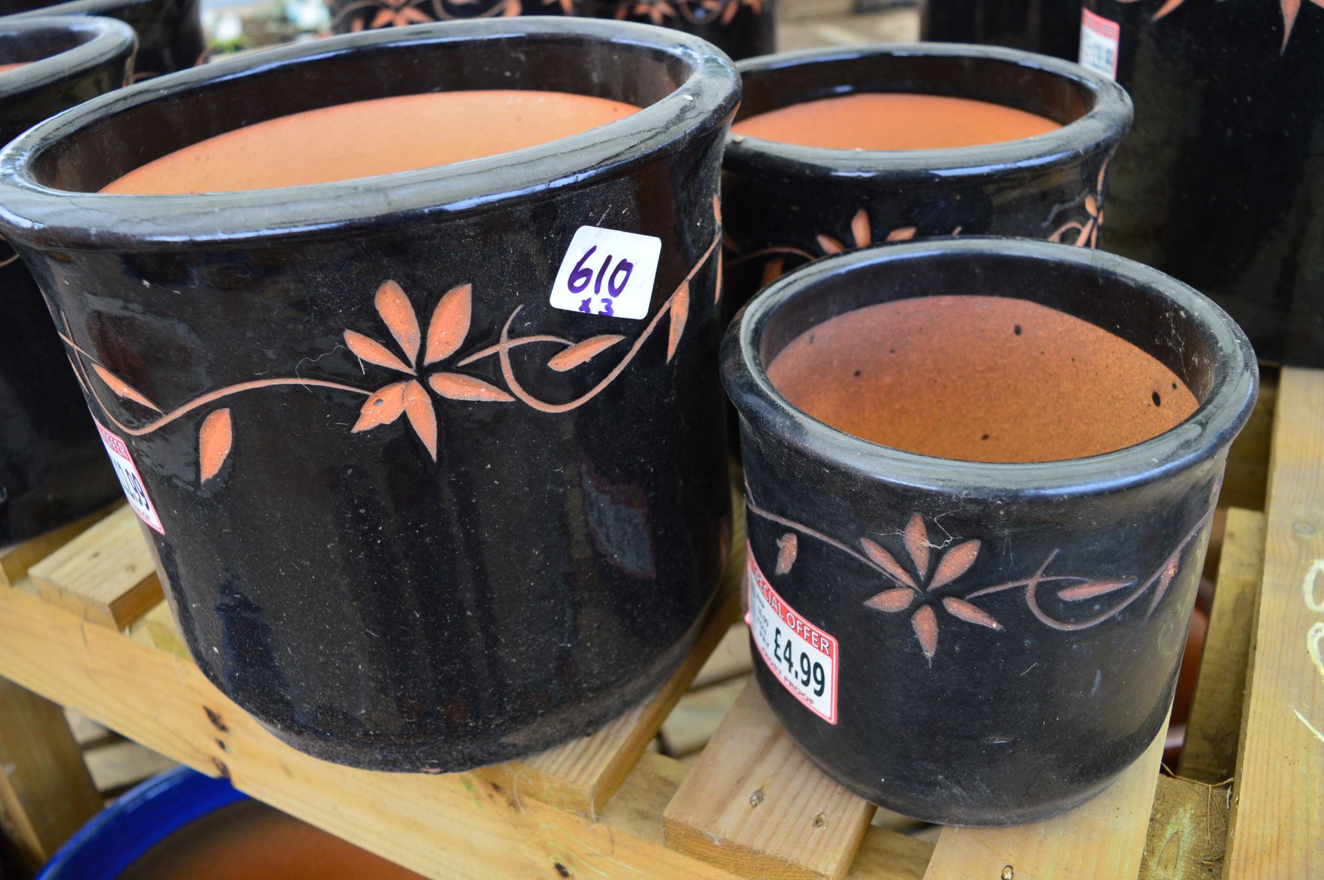*Three Assorted Black Glazed Plant Pots