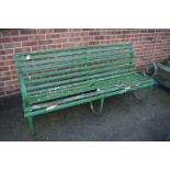 Green Painted Garden Bench with Wrought Iron Supports