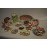 Fourteen Pieces of Assorted Maling Ware: Candle Sticks, Pin Dishes, Vase, etc.