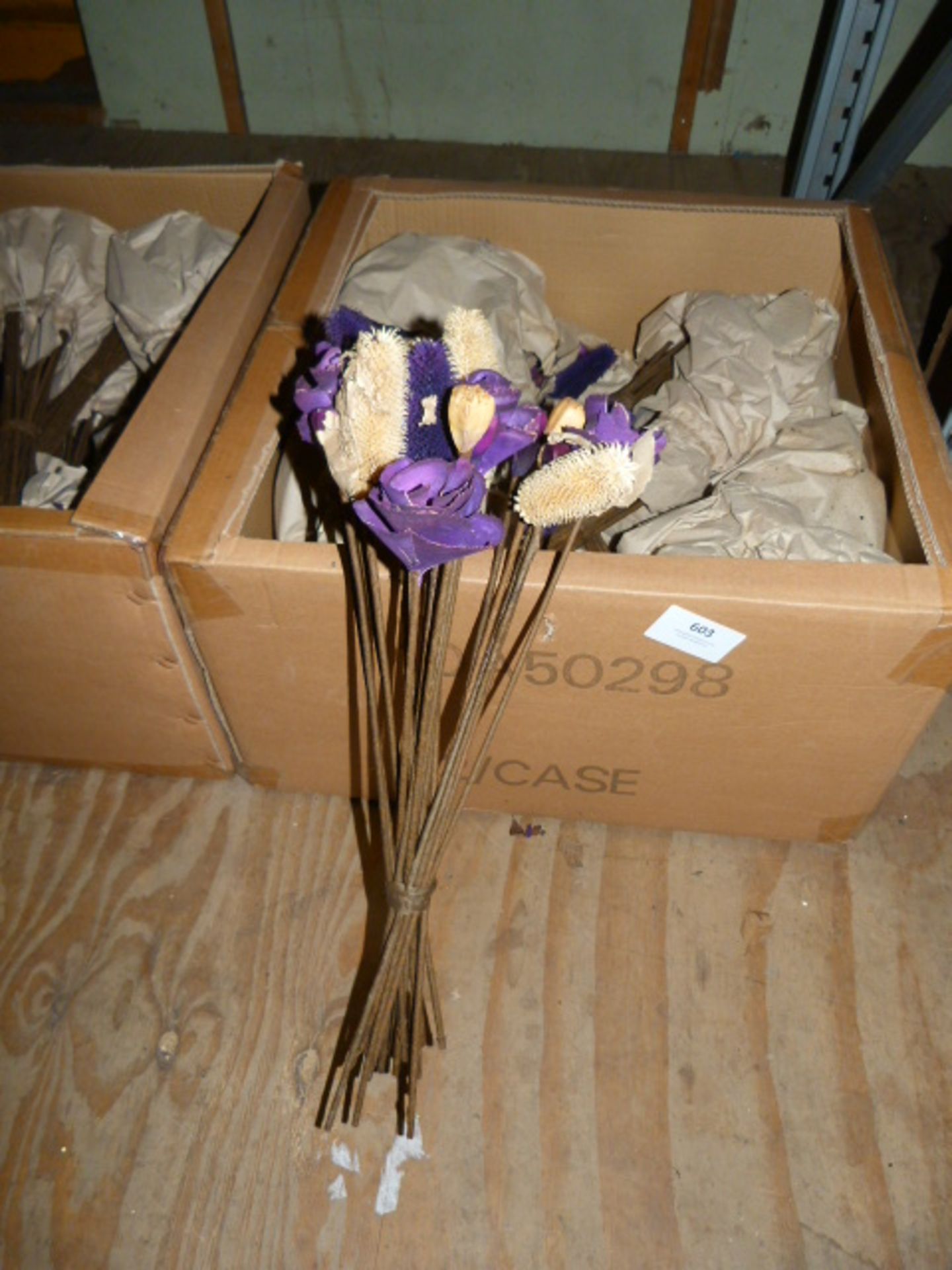 *Box Containing Twelve Bunches of Purple and Natural Floral Decorations with Seed Heads