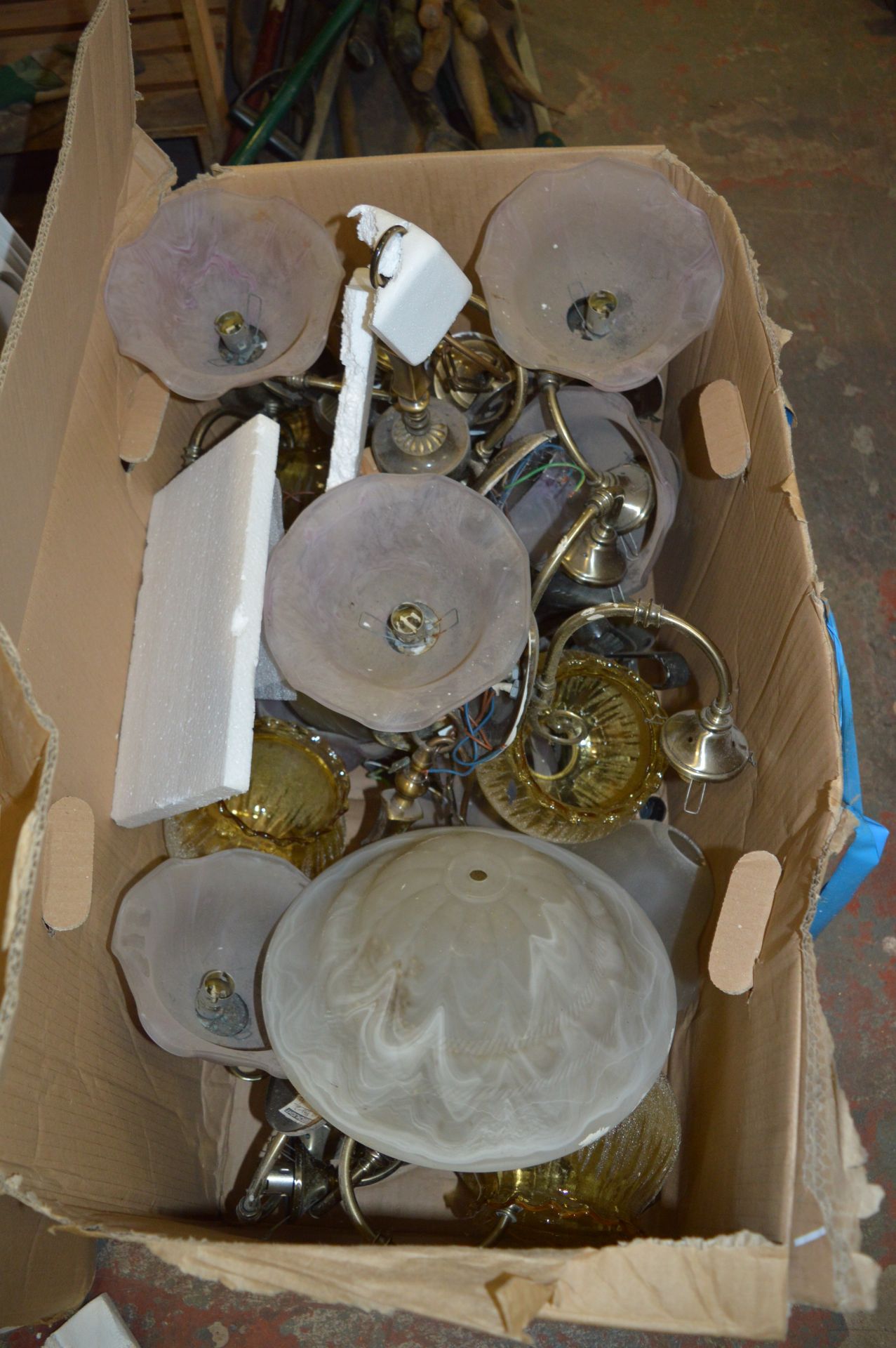 Box Containing Brass Effect Ceiling Lights and Shades