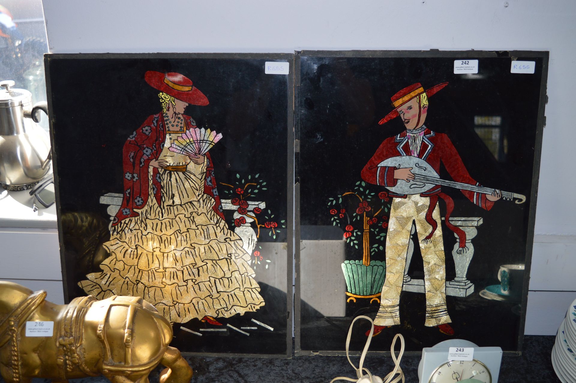 Pair of Tin Foil on Glass Pictures "Spanish Dancer" and "Guitar Player"