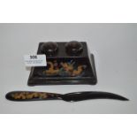 Chinese Black Lacquered Inkwell and Paper Knife with Dragon Decoration
