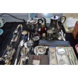 Collection of Silver Plated Ware; Teapot, Condiment Set, Cased and Loose Cutlery, Carving Set, etc.