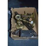 Box Containing Brass Candlesticks, Folding Measure, Brass Frog, etc.