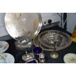 Collection of Silver Plated Ware; Trays, Condiment Sets, Preserve Dish, etc.