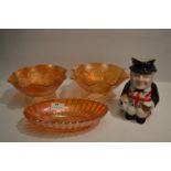 Three Carnival Glass Dishes and a Toby Jug