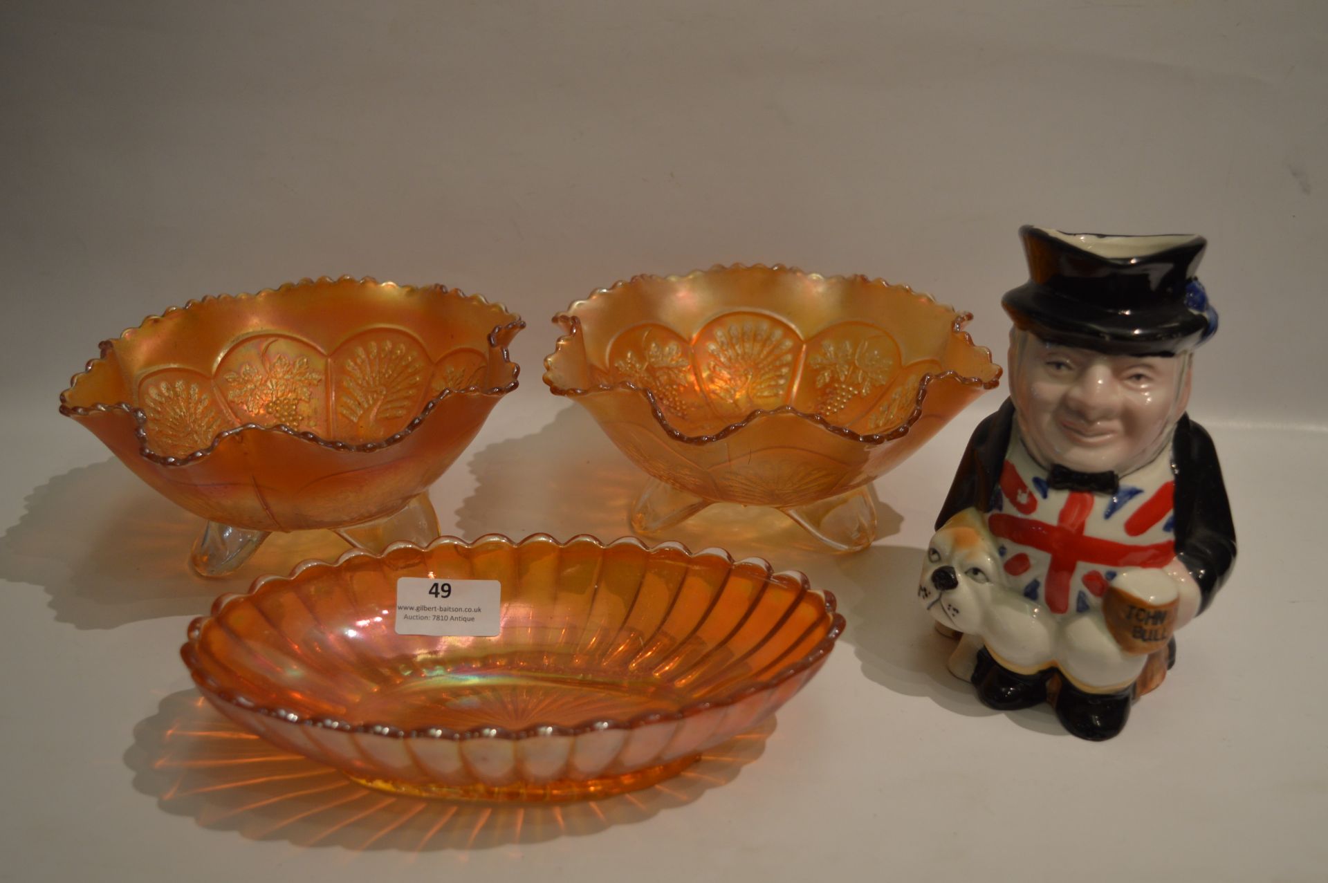 Three Carnival Glass Dishes and a Toby Jug
