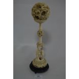 Carved Ivory Puzzle Ball on Carved Ivory Stand and Base
