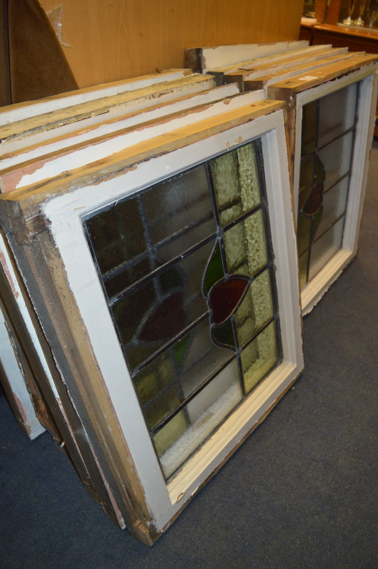 Ten Lead Glazed Coloured Glass Window Panels