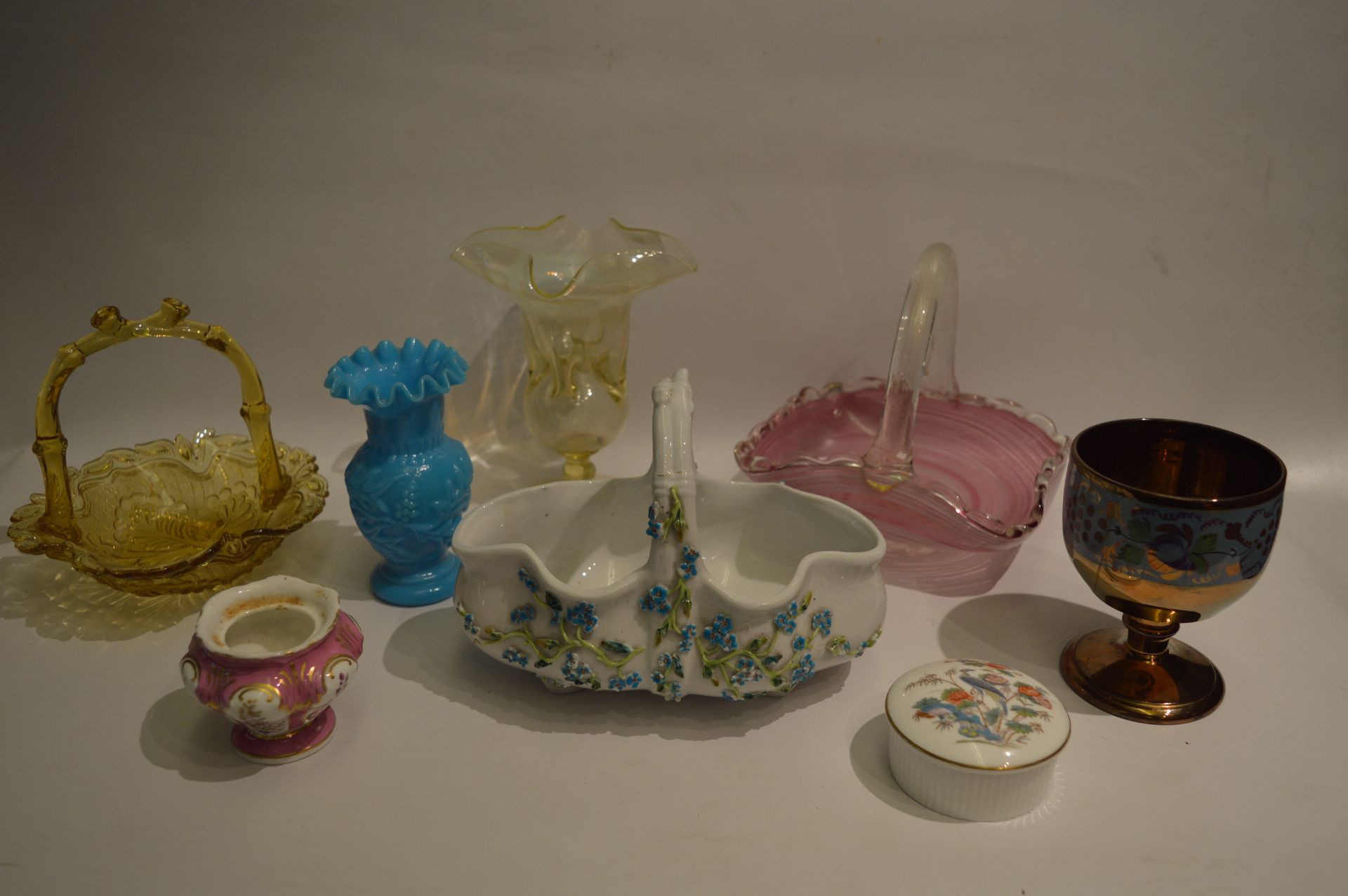 Collection of Glass and Pottery Baskets, Glass Vase, etc.