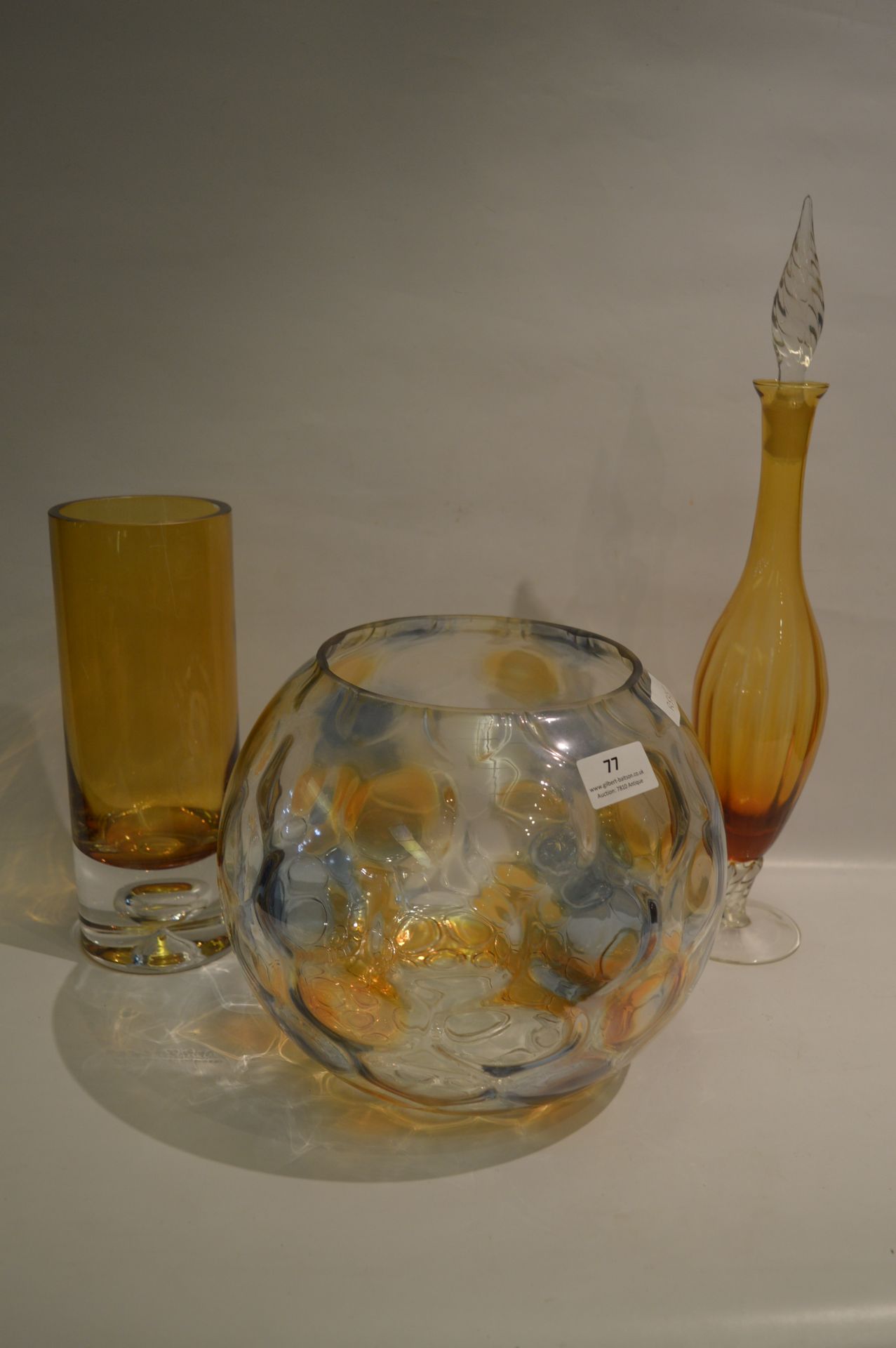 Large Glass Bowl and Two Amber Glass Vases