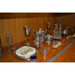 Collection of Silver Plated Ware; Teapot, Vases, Teapot Stand, Condiment Set, etc.
