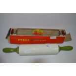 Nut Brown Pottery Rolling Pin and a Pyrex Rolling Pin