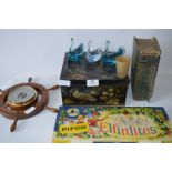 Pifco Elfinlites, Ships Wheel Barometer, Beatons Cookbook, Glassware and a Tin