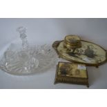 Glass Dressing Table Set, Oriental Brass Tray, Trinket Box and a Powder Box